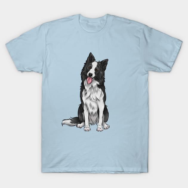 Black and White Border Collie Dog T-Shirt by Shirin Illustration